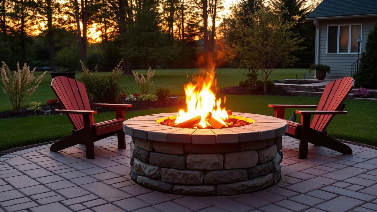 Stone fire pit with flames on a paver patio at dusk with Adirondack chairs