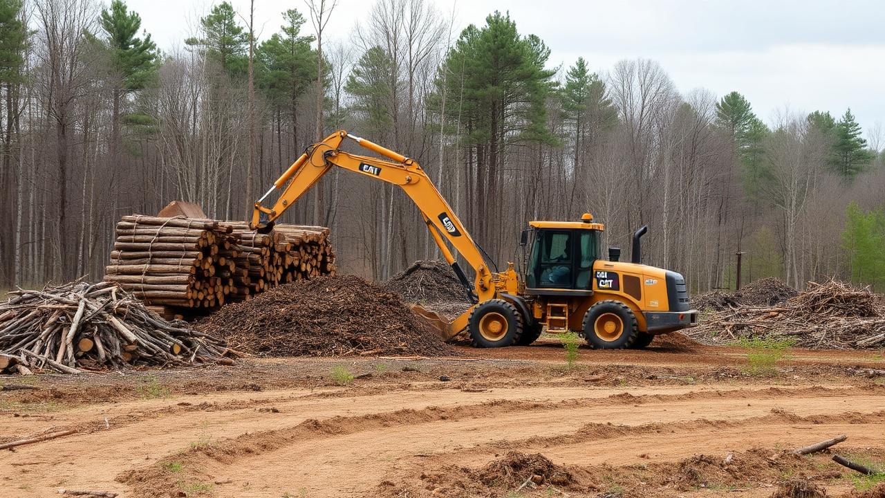 Heavy machinery clearing a wooded lot with stacked logs and brush in rural Ohio