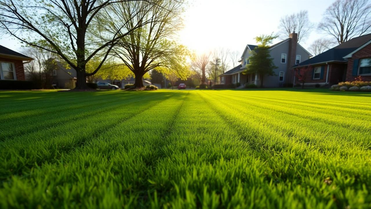 Freshly mowed Ohio lawn with crisp mowing stripes in late spring light