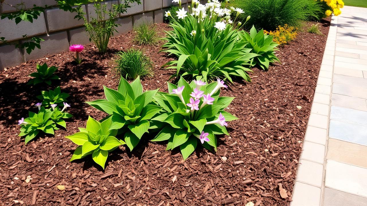 Fresh hardwood mulch around landscaped plants and a stone walkway