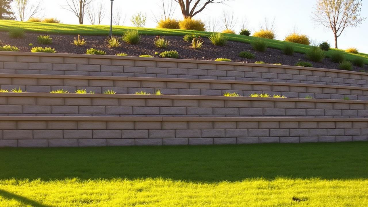 Tiered Versa-Lok segmental retaining wall on a landscaped hillside