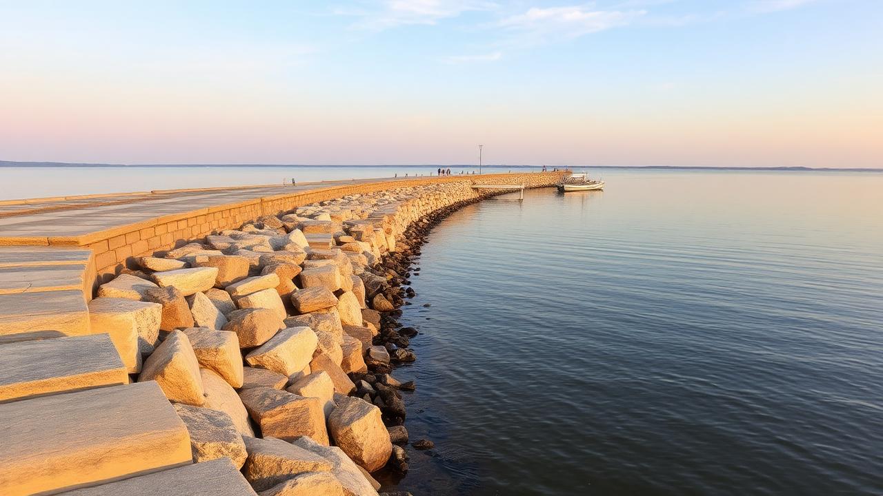 Lakefront seawall along an Ohio lake shoreline at golden hour