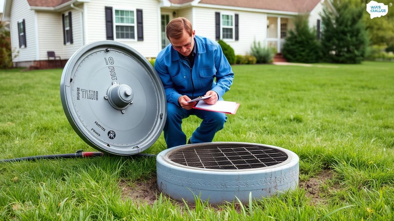 Septic technician inspecting a residential septic tank lid in a green yard