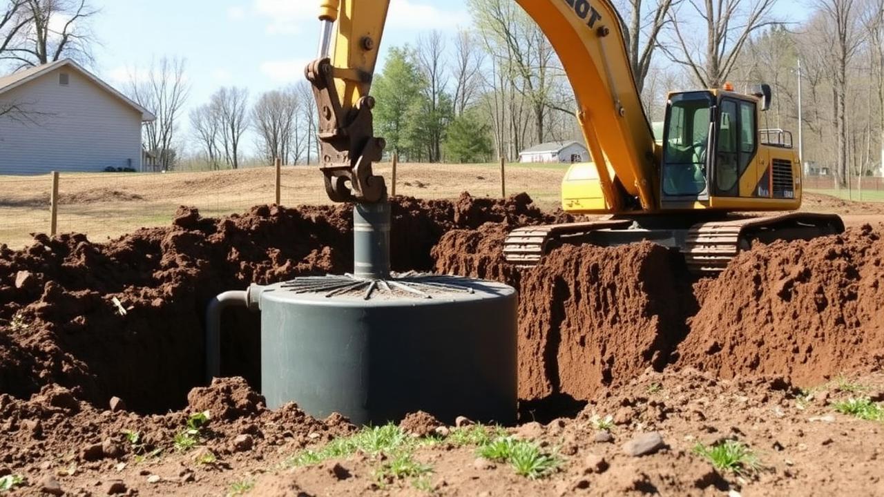 Excavator installing a new septic tank on a rural Ohio property