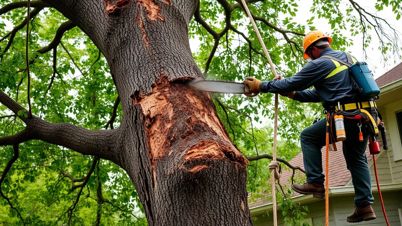 Arborist with safety gear removing a large tree from a residential property